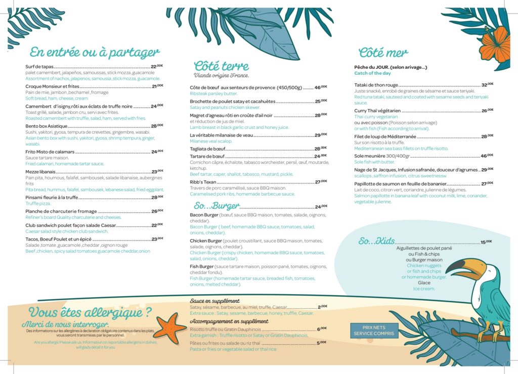 menu restaurant plage privée golfe juan